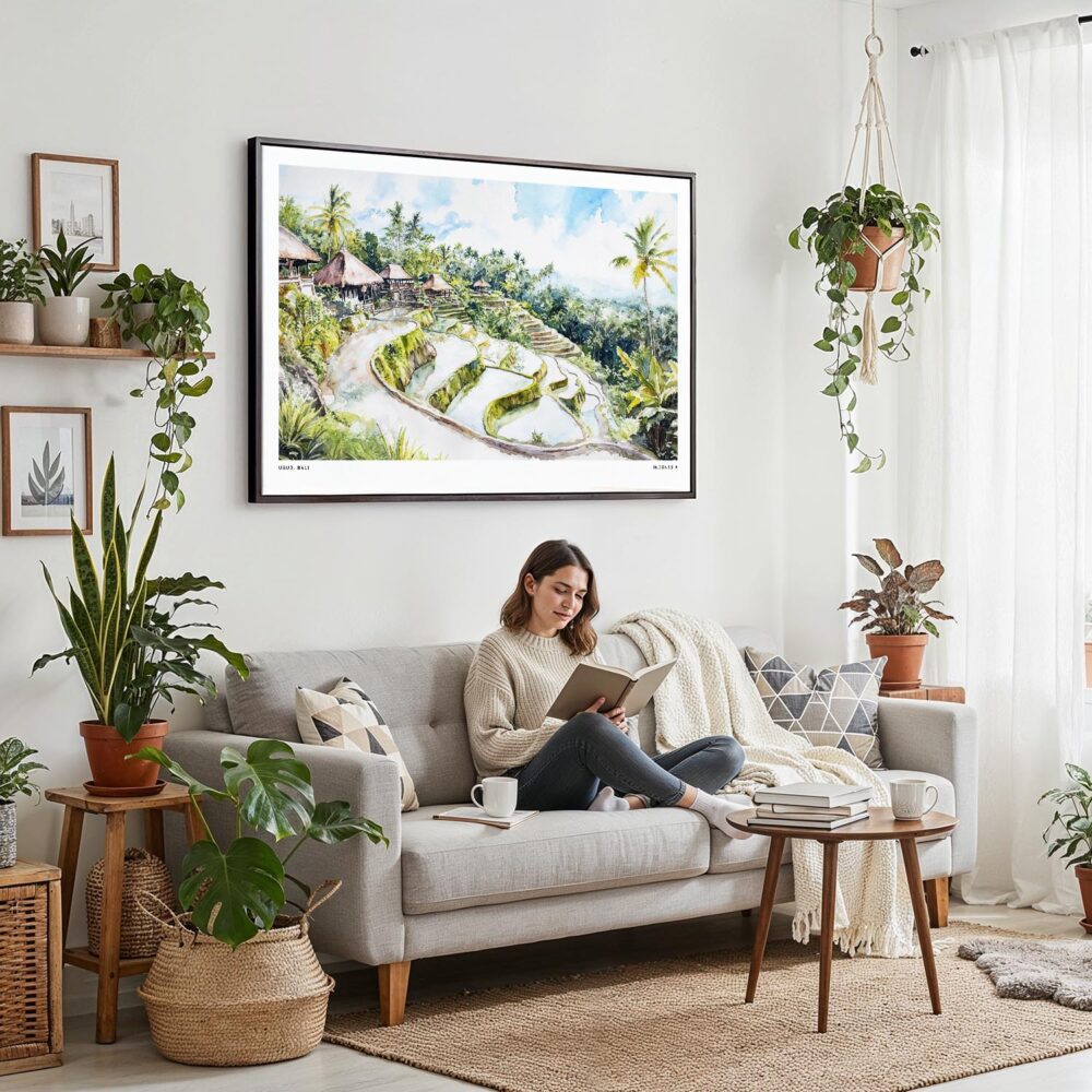 04 - Framed Ubud Bali Watercolor - Horizontal Canvas Print - Boho Living Room with Woman reading.jpg 04 - Framed Ubud Bali Watercolor - Horizontal Canvas Print - Boho Living Room with Woman reading.jpg