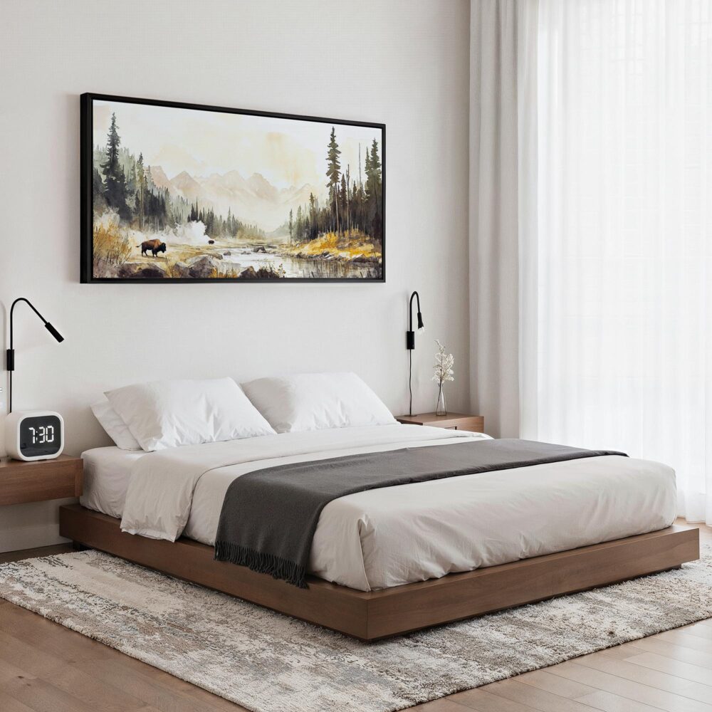 04 - Framed Warm Yellowstone with Bison Watercolor - Panorama Canvas Print - Bedroom.jpg 04 - Framed Warm Yellowstone with Bison Watercolor - Panorama Canvas Print - Bedroom.jpg