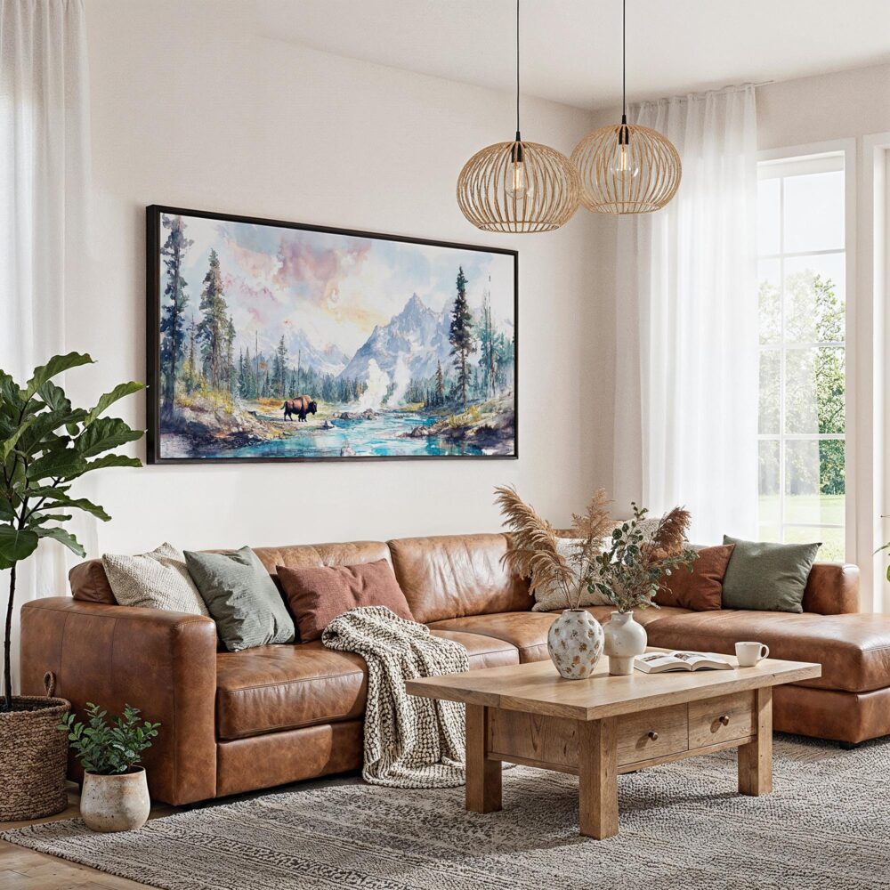 04 - Framed Yellowstone Watercolor - Panorama Canvas Print - Living Room.jpg 04 - Framed Yellowstone Watercolor - Panorama Canvas Print - Living Room.jpg