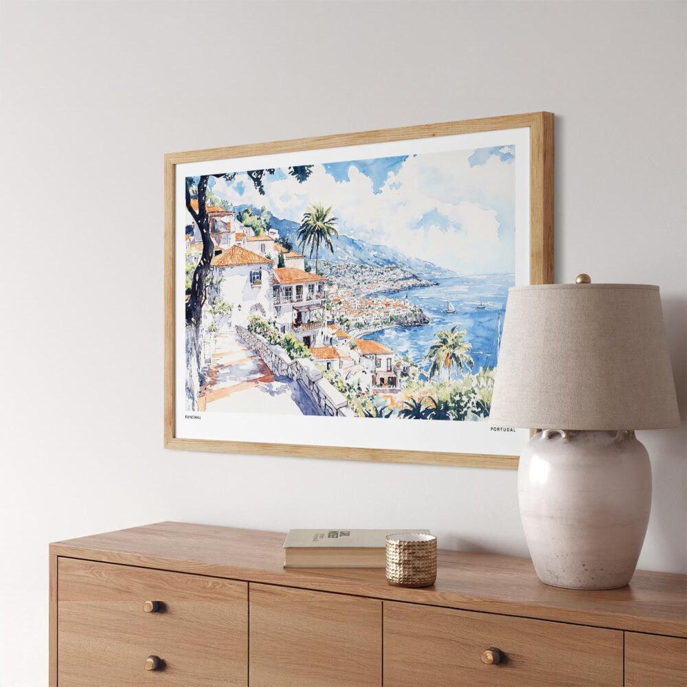 04 - Funchal Portugal Watercolor - Horizontal Art Print in Natural Wood Frame Above Console.jpg 04 - Funchal Portugal Watercolor - Horizontal Art Print in Natural Wood Frame Above Console.jpg
