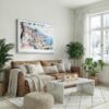 04 - Funchal Portugal Watercolor - Horizontal Canvas Print with White Floater Frame above Leather Couch.jpg