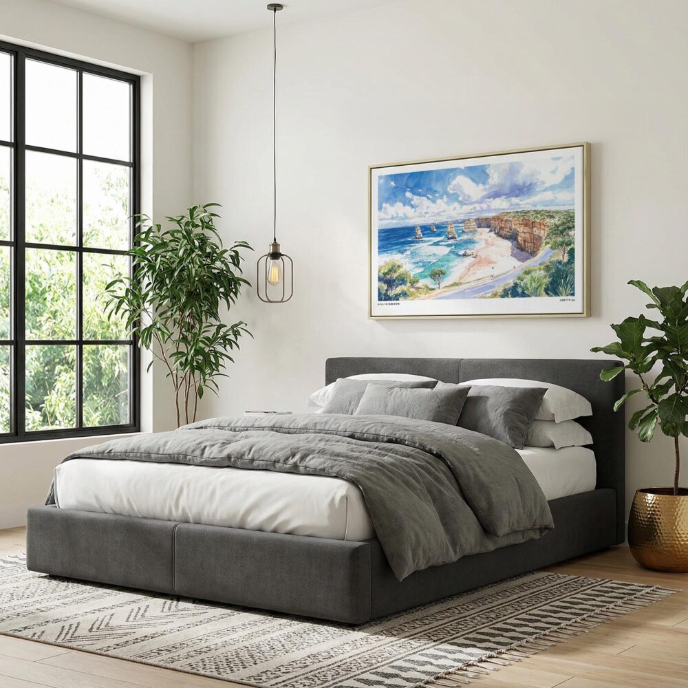 04 - Great Ocean Road Australia Watercolor - Horizontal Canvas Print with Natural Floater Frame Above Bed.jpg 04 - Great Ocean Road Australia Watercolor - Horizontal Canvas Print with Natural Floater Frame Above Bed.jpg