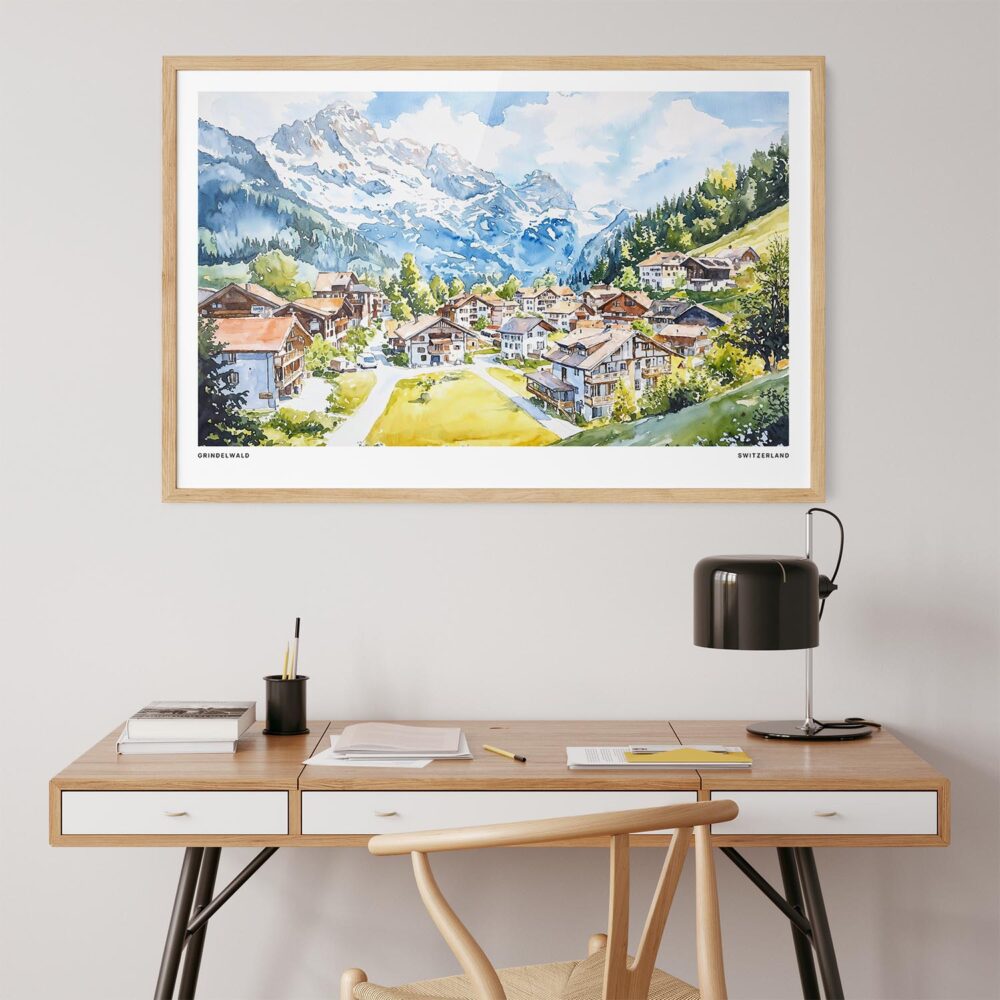 04 - Grindelwald Watercolor - Horizontal Art Print in Natural Wood Frame above work desk.jpg 04 - Grindelwald Watercolor - Horizontal Art Print in Natural Wood Frame above work desk.jpg