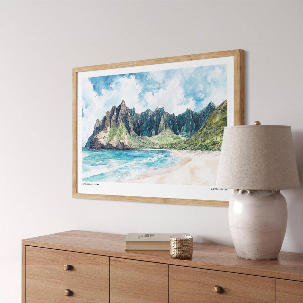 04 - Haiwaii Na Pali Coast Watercolor - Horizontal Art Print in Natural Wood Frame Above Console.jpg 04 - Haiwaii Na Pali Coast Watercolor - Horizontal Art Print in Natural Wood Frame Above Console.jpg
