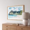 04 - Haiwaii Na Pali Coast Watercolor - Horizontal Art Print in Natural Wood Frame Above Console.jpg