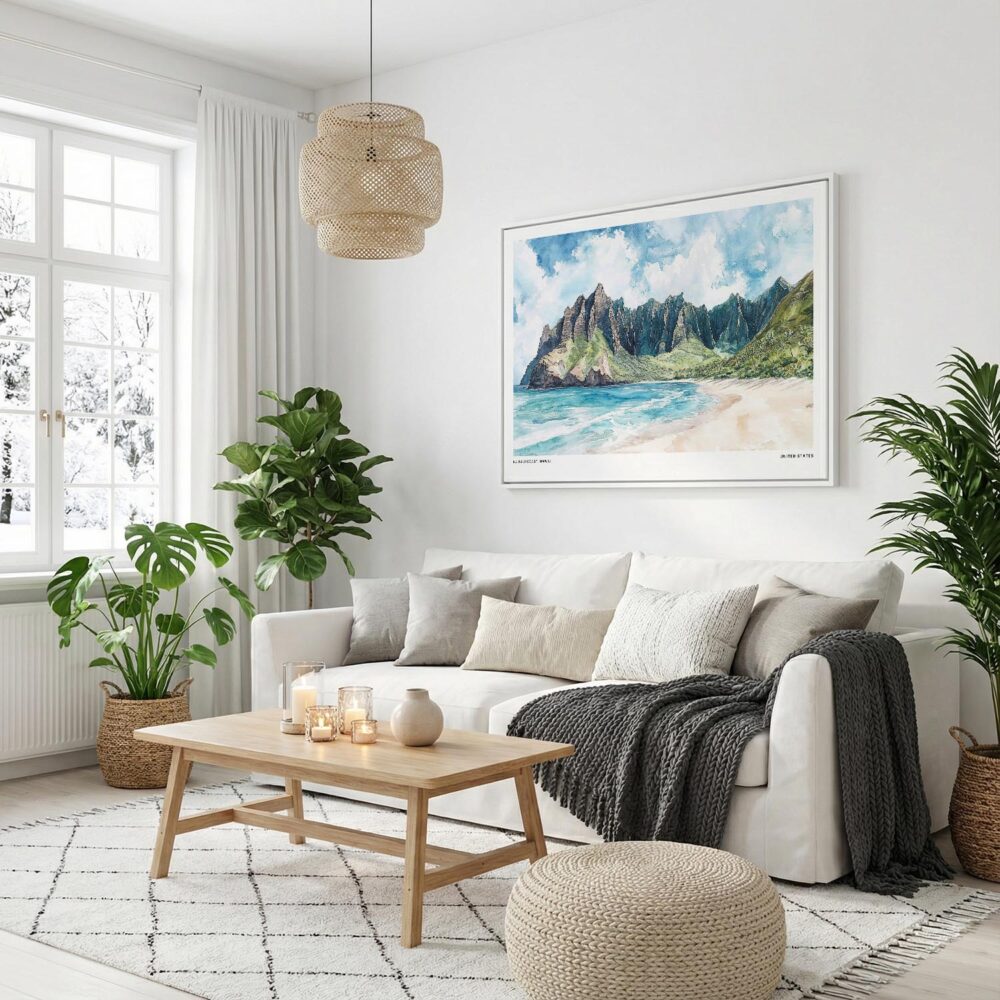 04 - Haiwaii Na Pali Coast Watercolor - Horizontal Canvas Print with White Floater Frame in modern Scandi Living Room.jpg 04 - Haiwaii Na Pali Coast Watercolor - Horizontal Canvas Print with White Floater Frame in modern Scandi Living Room.jpg