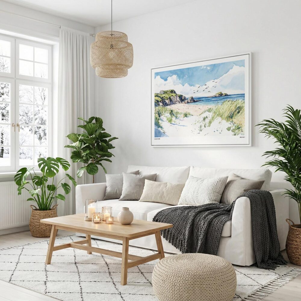 04 - Inishowen Ireland Watercolor - Horizontal Canvas Print with White Floater Frame in modern Scandi Living Room.jpg 04 - Inishowen Ireland Watercolor - Horizontal Canvas Print with White Floater Frame in modern Scandi Living Room.jpg