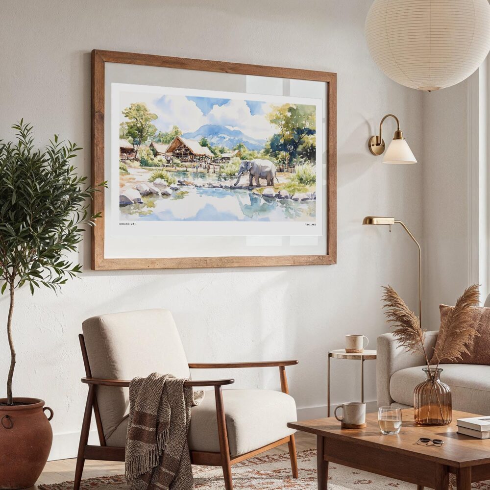 04 - Large Chiang Mai Thailand Watercolor - Horizontal Art Print in Boho Living Room with vintage Wood frame.jpg 04 - Large Chiang Mai Thailand Watercolor - Horizontal Art Print in Boho Living Room with vintage Wood frame.jpg