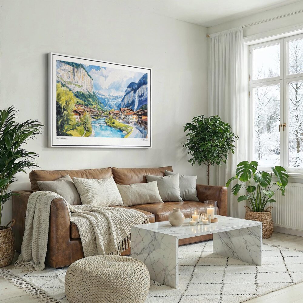 04 - Lauterbrunnen Watercolor - Horizontal Canvas Print with White Floater Frame above Leather Couch.jpg 04 - Lauterbrunnen Watercolor - Horizontal Canvas Print with White Floater Frame above Leather Couch.jpg