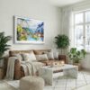 04 - Lauterbrunnen Watercolor - Horizontal Canvas Print with White Floater Frame above Leather Couch.jpg