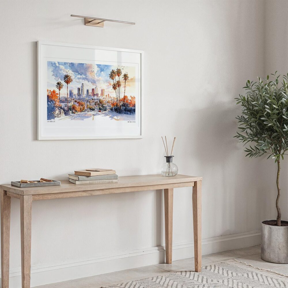 04 - Los Angeles Skyline Watercolor - Horizontal Art Print in Hallway with White Frame.jpg 04 - Los Angeles Skyline Watercolor - Horizontal Art Print in Hallway with White Frame.jpg