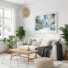 04 - Miami Gardens Watercolor - Horizontal Canvas Print with White Floater Frame in modern Scandi Living Room.jpg
