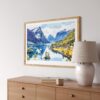 04 - Norway Fjords Watercolor - Horizontal Art Print in Natural Wood Frame Above Console.jpg