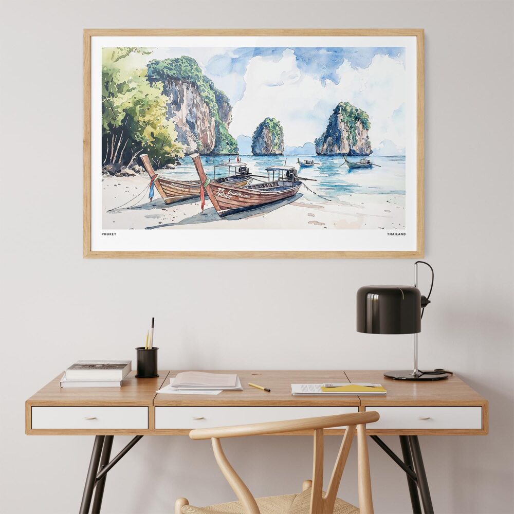 04 - Phuket Thailand Watercolor - Horizontal Art Print in Natural Wood Frame above work desk.jpg 04 - Phuket Thailand Watercolor - Horizontal Art Print in Natural Wood Frame above work desk.jpg