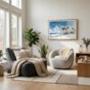 04 - Scandianvian Living Room with Los Angeles Beach Watercolor - Horizontal Canvas Print in Natural Floater Frame.jpg