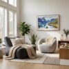 04 - Scandianvian Living Room with Norway Fjords Watercolor - Horizontal Canvas Print in Natural Floater Frame.jpg