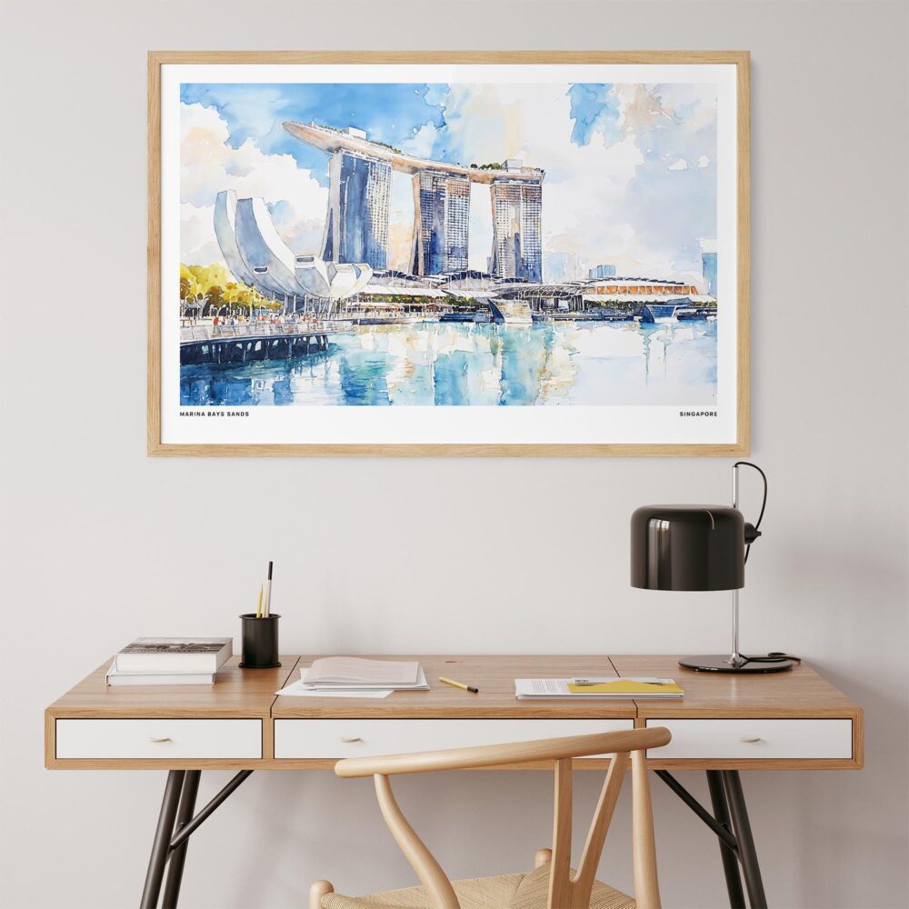04 - Singapore Marina Bays Sands Watercolor - Horizontal Art Print in Natural Wood Frame above work desk.jpg 04 - Singapore Marina Bays Sands Watercolor - Horizontal Art Print in Natural Wood Frame above work desk.jpg