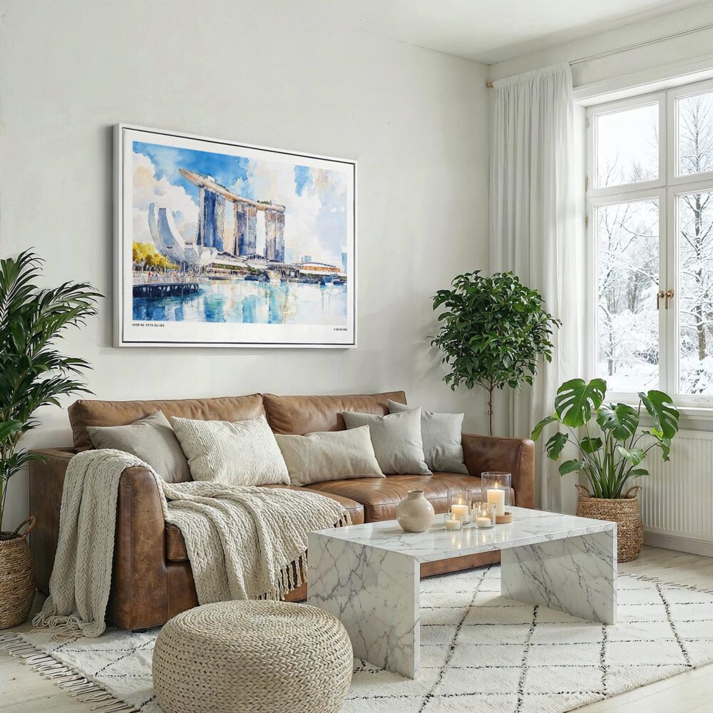 04 - Singapore Marina Bays Sands Watercolor - Horizontal Canvas Print with White Floater Frame above Leather Couch.jpg 04 - Singapore Marina Bays Sands Watercolor - Horizontal Canvas Print with White Floater Frame above Leather Couch.jpg