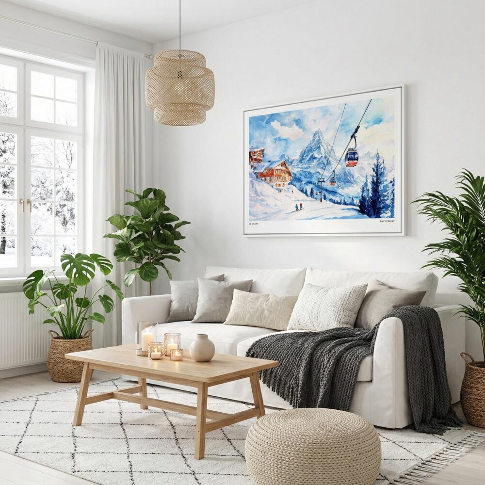 04 - Skiing in Swiss Alps Watercolor - Horizontal Canvas Print with White Floater Frame in modern Scandi Living Room.jpg 04 - Skiing in Swiss Alps Watercolor - Horizontal Canvas Print with White Floater Frame in modern Scandi Living Room.jpg