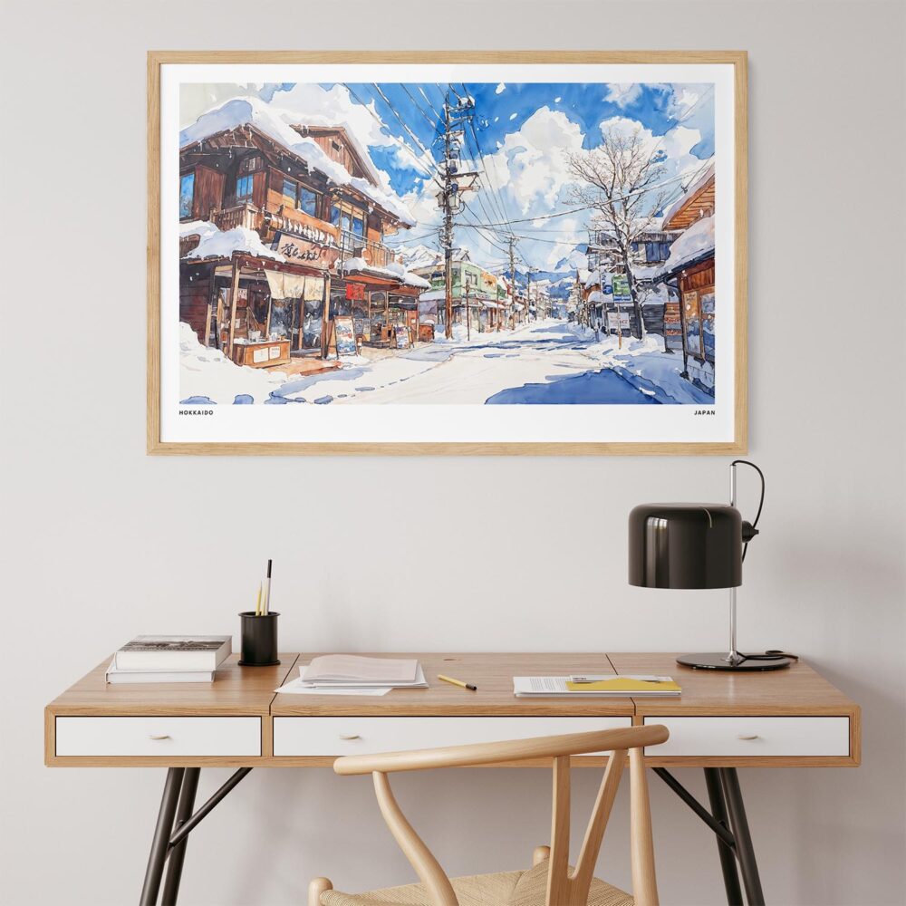 04 - Winter in Hokkaido Watercolor - Horizontal Art Print in Natural Wood Frame above work desk.jpg 04 - Winter in Hokkaido Watercolor - Horizontal Art Print in Natural Wood Frame above work desk.jpg