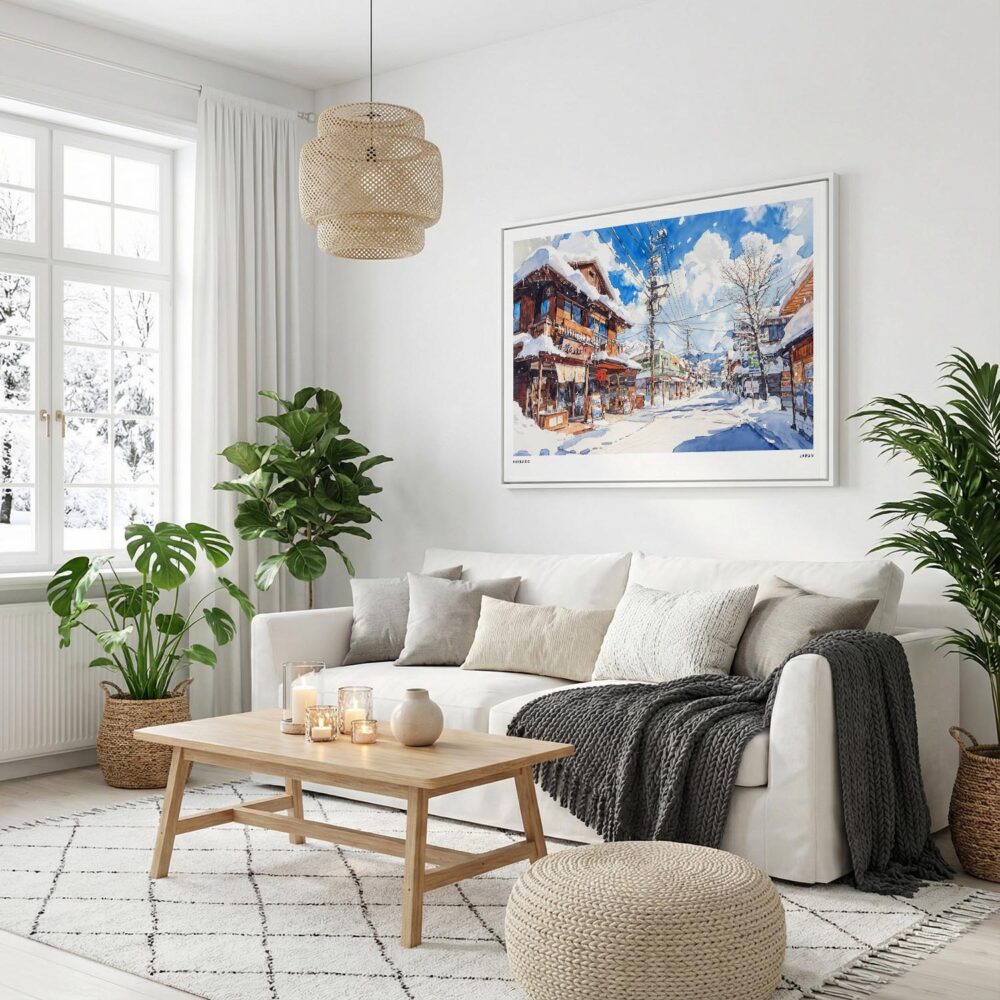 04 - Winter in Hokkaido Watercolor - Horizontal Canvas Print with White Floater Frame in modern Scandi Living Room.jpg 04 - Winter in Hokkaido Watercolor - Horizontal Canvas Print with White Floater Frame in modern Scandi Living Room.jpg