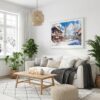 04 - Winter in Hokkaido Watercolor - Horizontal Canvas Print with White Floater Frame in modern Scandi Living Room.jpg