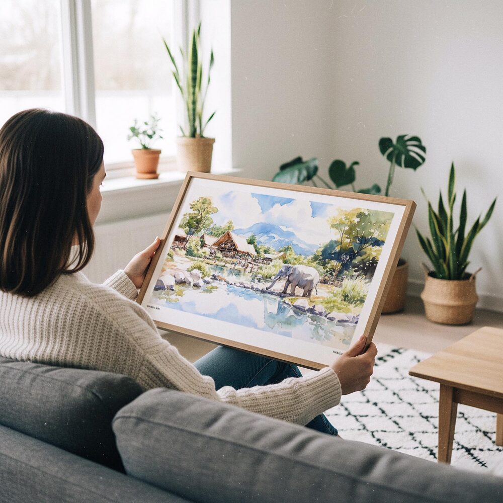 05 - A Woman Holding A Framed Chiang Mai Thailand Watercolor - Horizontal Art Print.jpg 05 - A Woman Holding A Framed Chiang Mai Thailand Watercolor - Horizontal Art Print.jpg