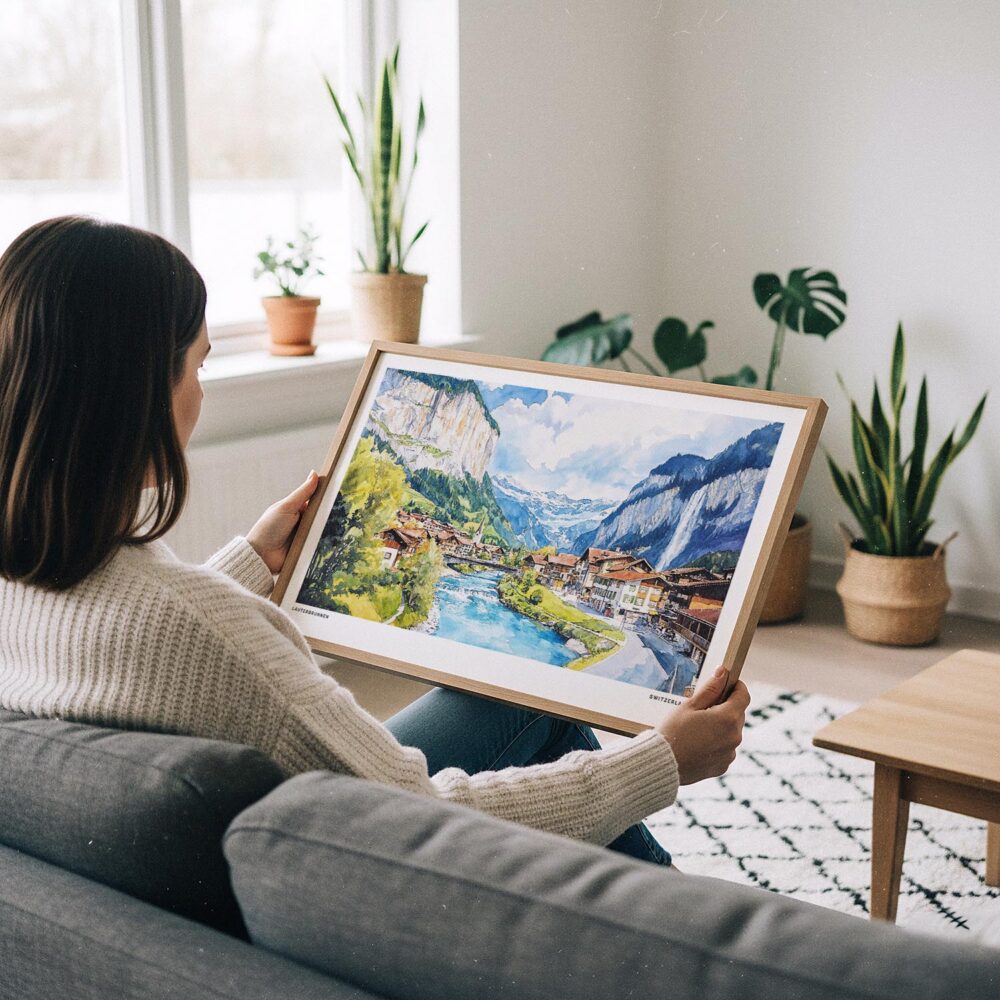 05 - A Woman Holding A Framed Lauterbrunnen Watercolor - Horizontal Art Print.jpg 05 - A Woman Holding A Framed Lauterbrunnen Watercolor - Horizontal Art Print.jpg