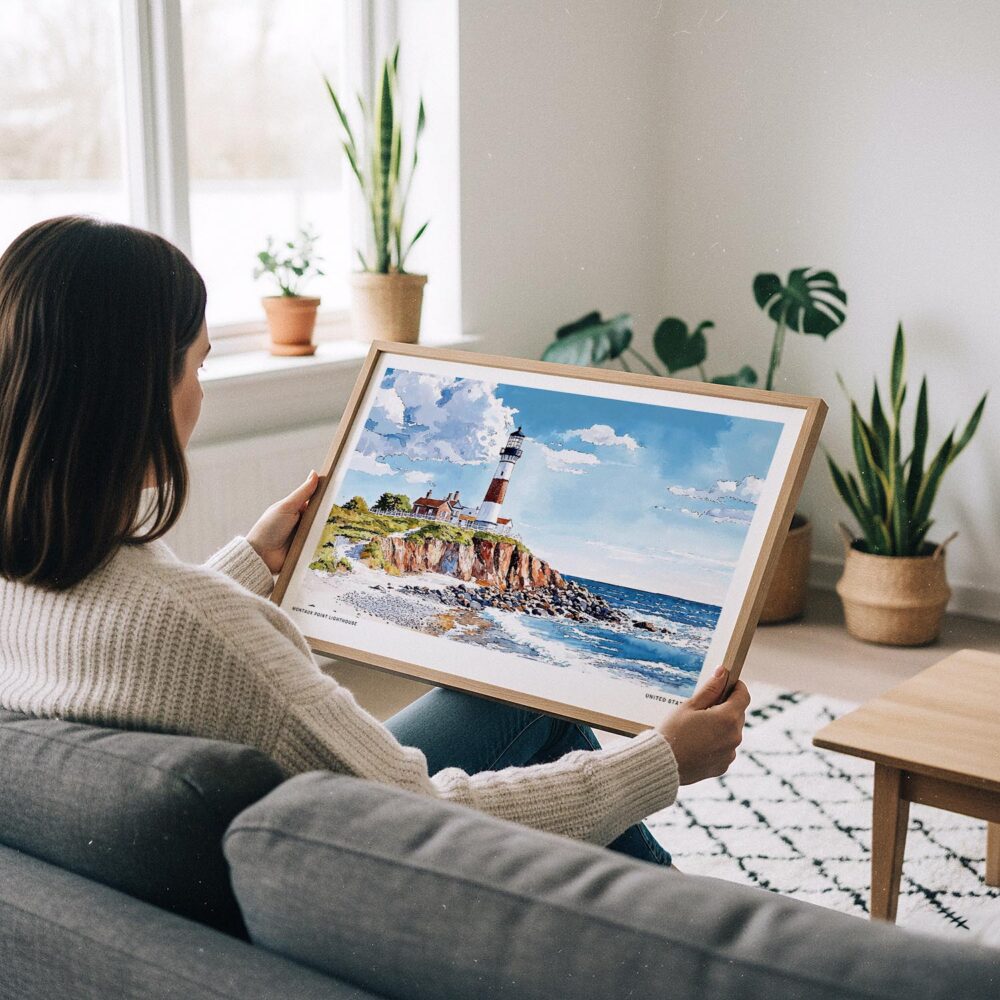 05 - A Woman Holding A Framed Montauk point lighthouse Watercolor - Horizontal Art Print.jpg 05 - A Woman Holding A Framed Montauk point lighthouse Watercolor - Horizontal Art Print.jpg