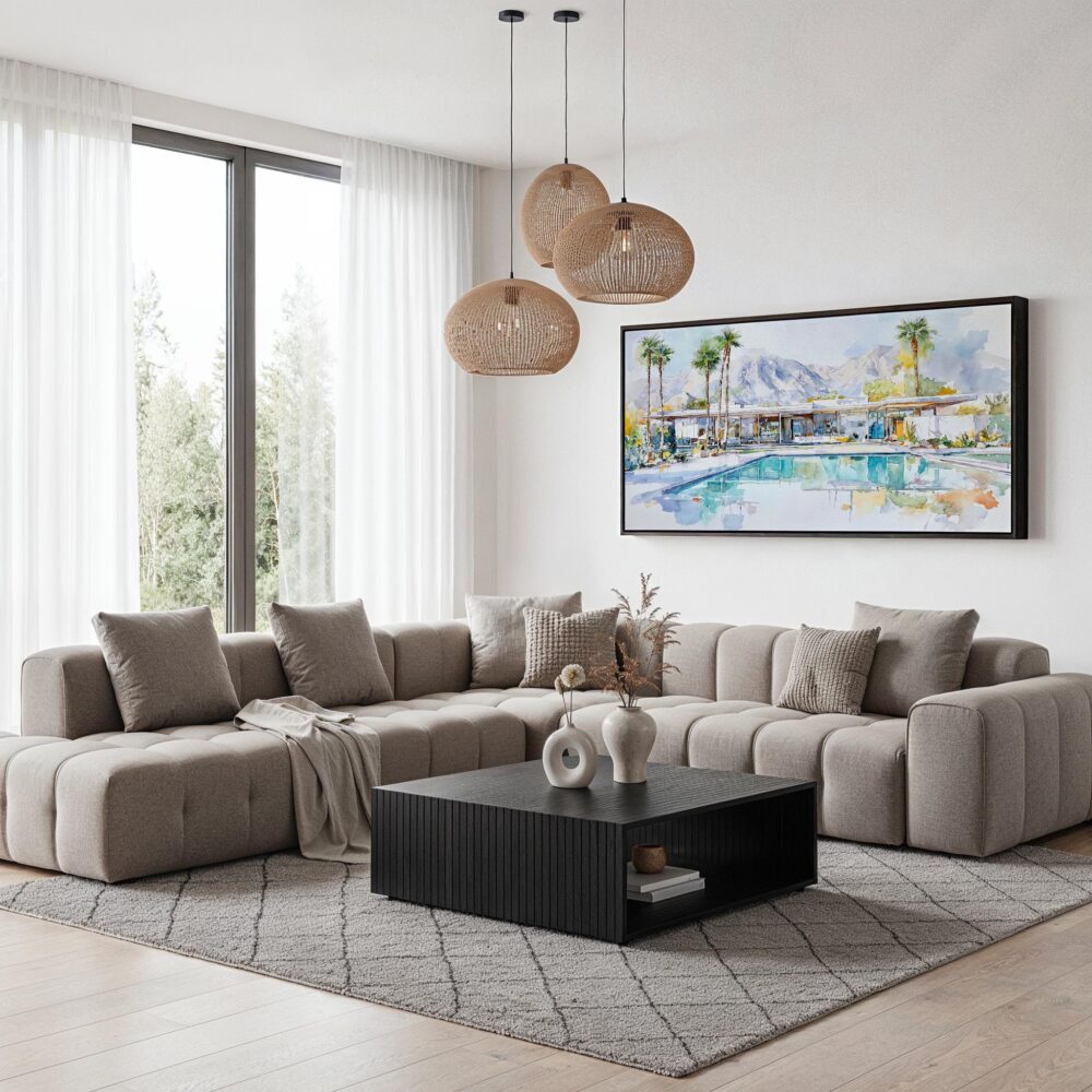 05 - Abstract Midcentury Palm Springs Watercolor - Panorama Canvas Print with Black Floater Frame - Modern Living Room.jpg 05 - Abstract Midcentury Palm Springs Watercolor - Panorama Canvas Print with Black Floater Frame - Modern Living Room.jpg