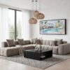 05 - Abstract Midcentury Palm Springs Watercolor - Panorama Canvas Print with Black Floater Frame - Modern Living Room.jpg