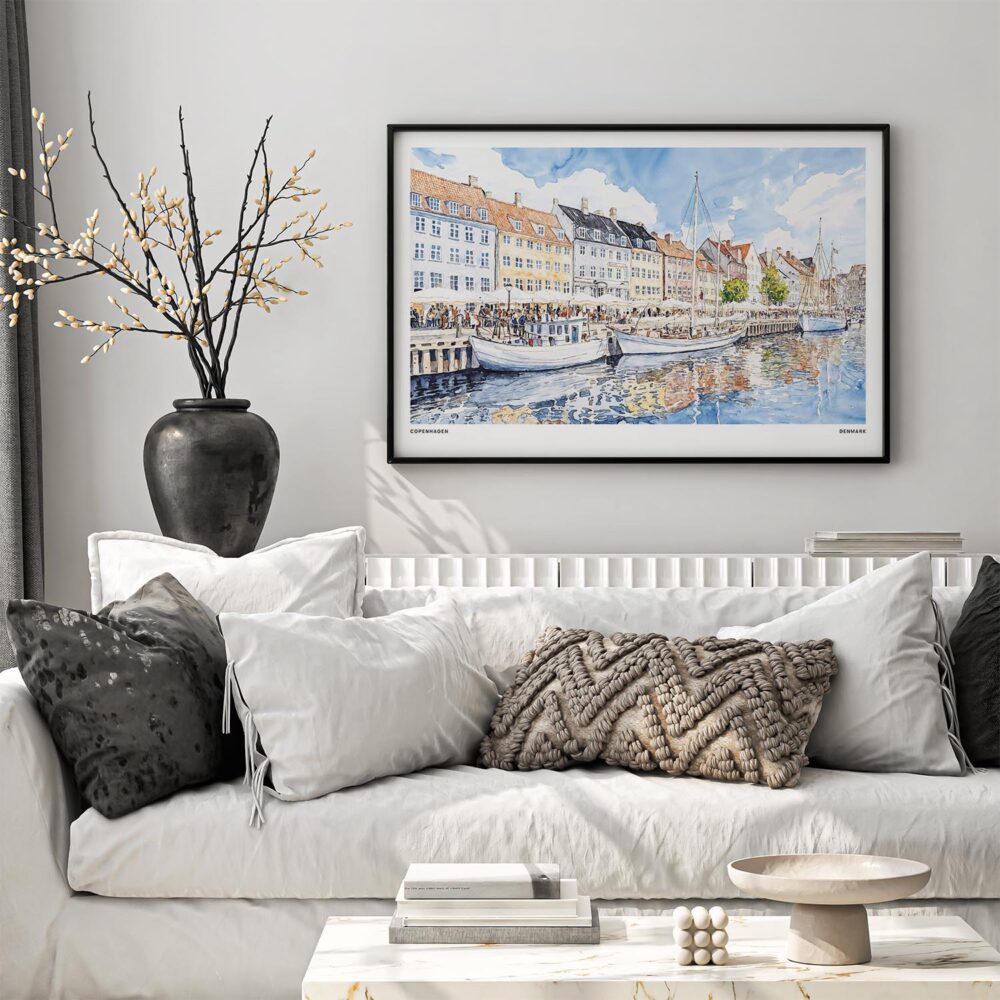05 - Black Framed Copenhagen Denmark Harbor Watercolor - Horizontal Art Print in Scandi Living Room Above Couch.jpg 05 - Black Framed Copenhagen Denmark Harbor Watercolor - Horizontal Art Print in Scandi Living Room Above Couch.jpg