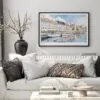 05 - Black Framed Copenhagen Denmark Harbor Watercolor - Horizontal Art Print in Scandi Living Room Above Couch.jpg