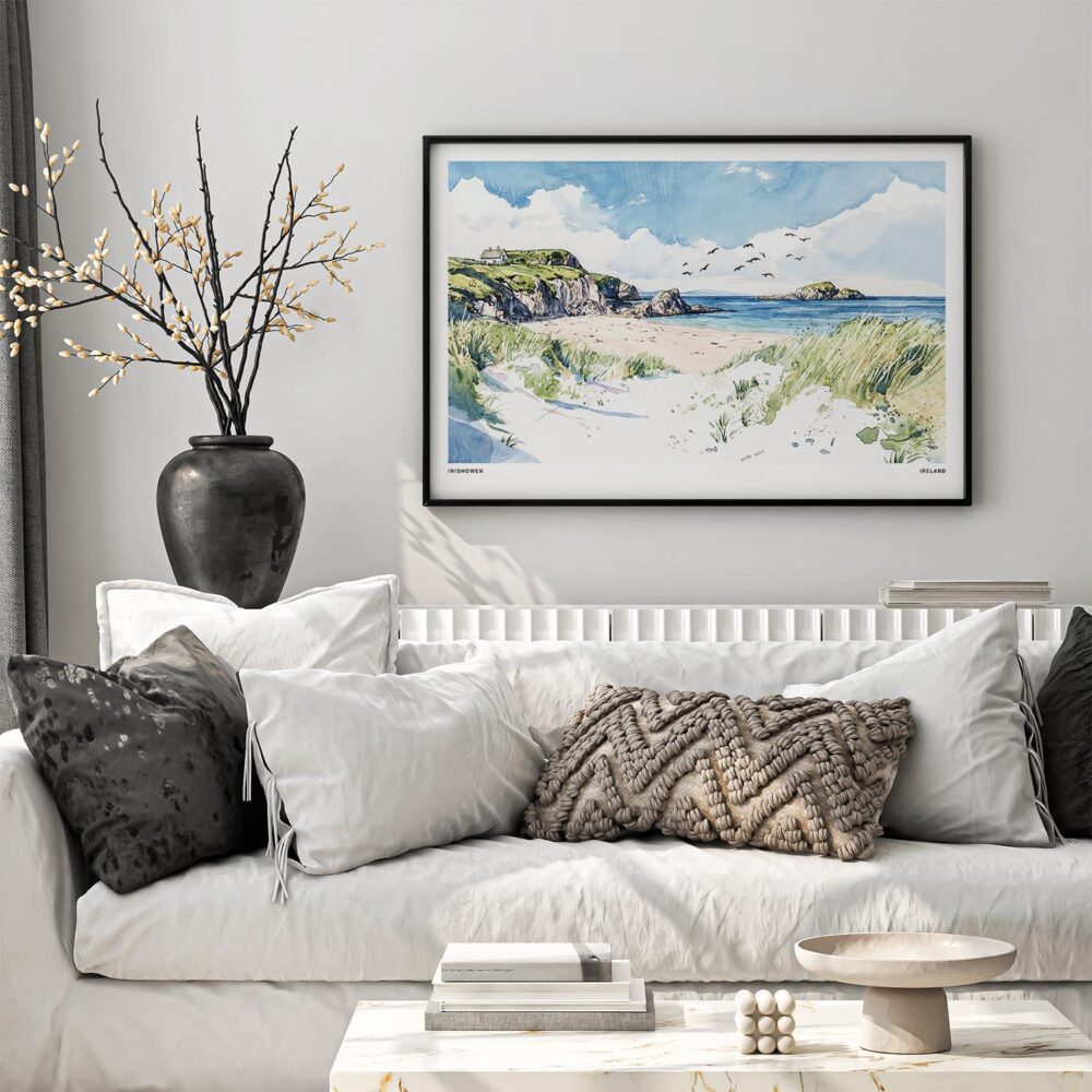 05 - Black Framed Inishowen Ireland Watercolor - Horizontal Art Print in Scandi Living Room Above Couch.jpg 05 - Black Framed Inishowen Ireland Watercolor - Horizontal Art Print in Scandi Living Room Above Couch.jpg