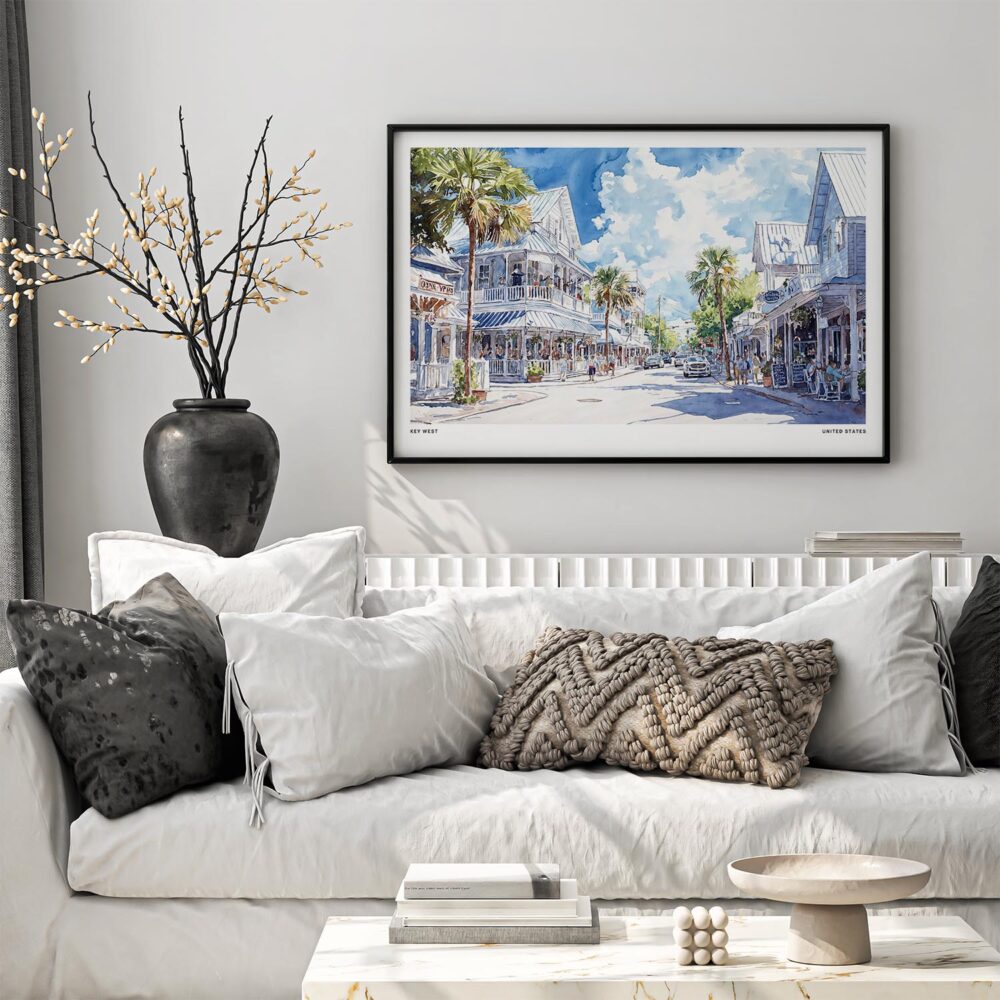 05 - Black Framed Key West Florida Duval Street Watercolor - Horizontal Art Print in Scandi Living Room Above Couch.jpg 05 - Black Framed Key West Florida Duval Street Watercolor - Horizontal Art Print in Scandi Living Room Above Couch.jpg