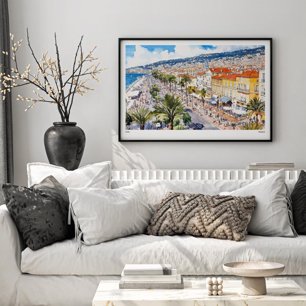 05 - Black Framed Nice France Watercolor - Horizontal Art Print in Scandi Living Room Above Couch.jpg 05 - Black Framed Nice France Watercolor - Horizontal Art Print in Scandi Living Room Above Couch.jpg