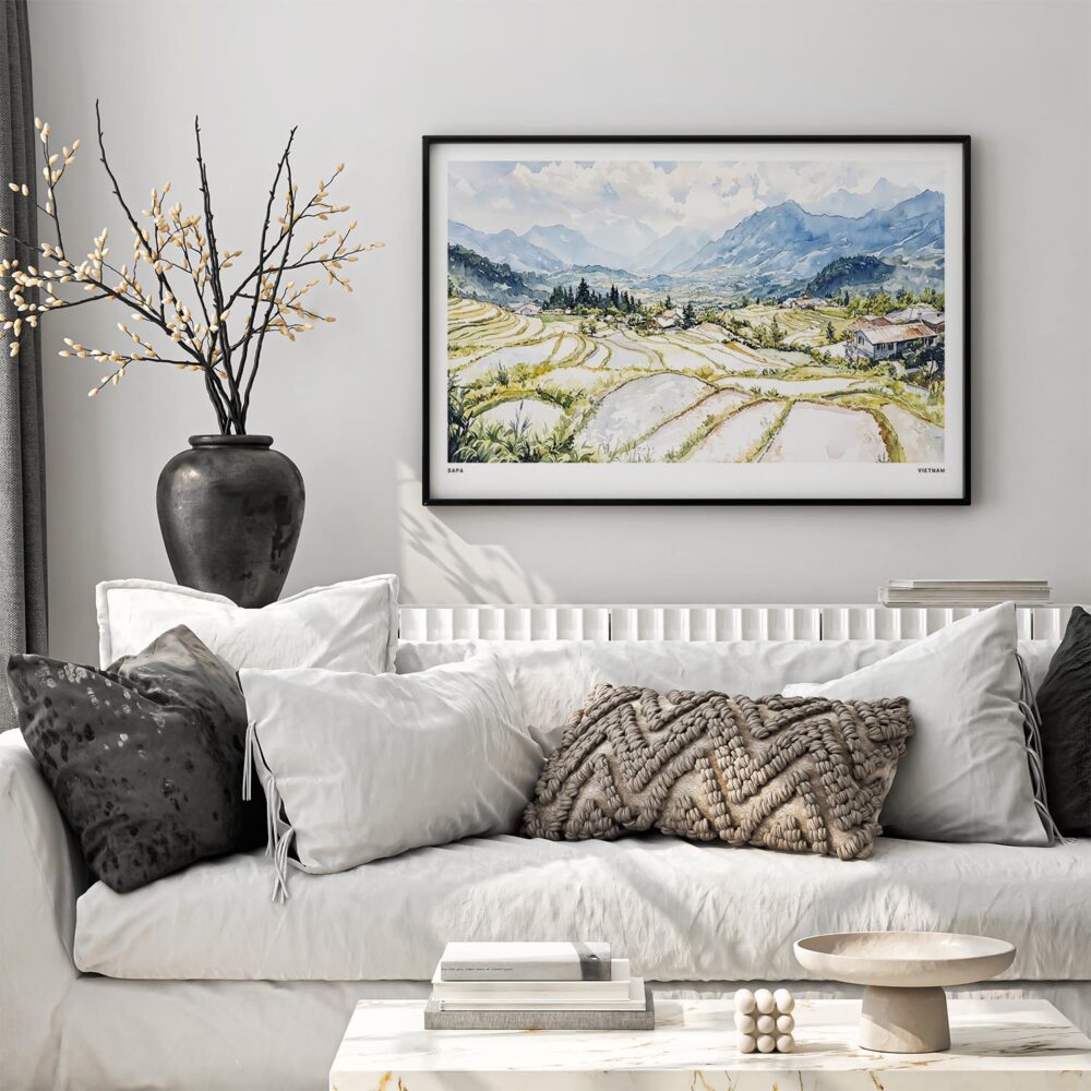 05 - Black Framed Sapa Valley Vietam Watercolor - Horizontal Art Print in Scandi Living Room Above Couch.jpg 05 - Black Framed Sapa Valley Vietam Watercolor - Horizontal Art Print in Scandi Living Room Above Couch.jpg