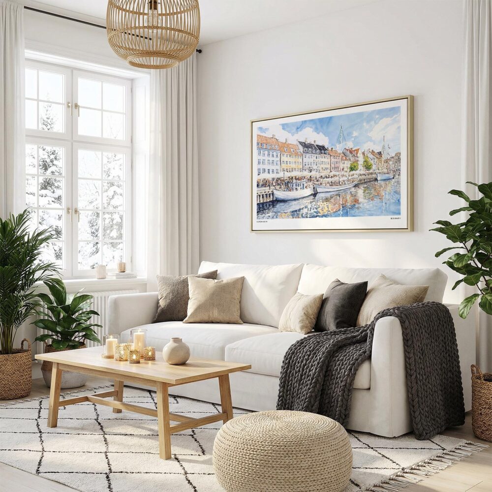 05 - Copenhagen Denmark Harbor Watercolor - Horizontal Canvas Print with Natural Floater Frame in modern Scandi Living Room.jpg 05 - Copenhagen Denmark Harbor Watercolor - Horizontal Canvas Print with Natural Floater Frame in modern Scandi Living Room.jpg
