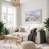 05 - Copenhagen Denmark Harbor Watercolor - Horizontal Canvas Print with Natural Floater Frame in modern Scandi Living Room.jpg