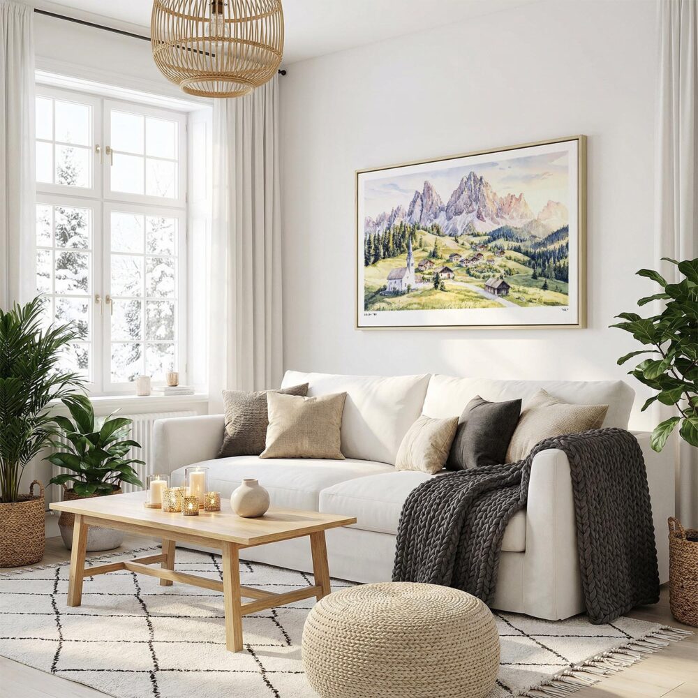 05 - Dolomites Watercolor - Horizontal Canvas Print with Natural Floater Frame in modern Scandi Living Room.jpg 05 - Dolomites Watercolor - Horizontal Canvas Print with Natural Floater Frame in modern Scandi Living Room.jpg
