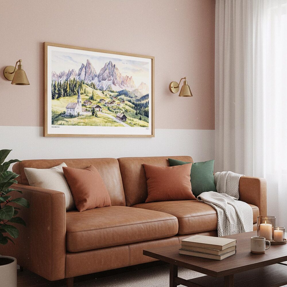 05 - Framed Dolomites Watercolor - Horizontal Art Print hanging in Boho Living Room.jpg 05 - Framed Dolomites Watercolor - Horizontal Art Print hanging in Boho Living Room.jpg