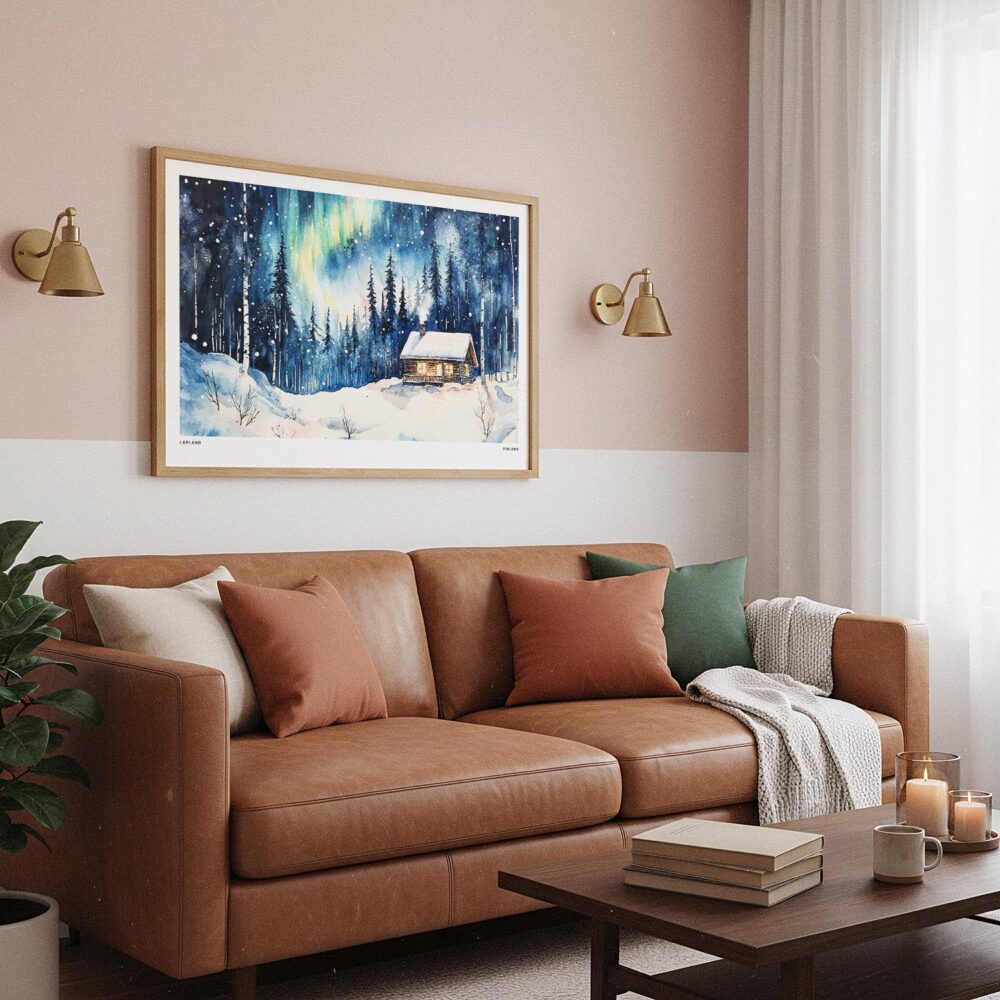 05 - Framed Finland Lapland Aurora Watercolor - Horizontal Art Print hanging in Boho Living Room.jpg 05 - Framed Finland Lapland Aurora Watercolor - Horizontal Art Print hanging in Boho Living Room.jpg