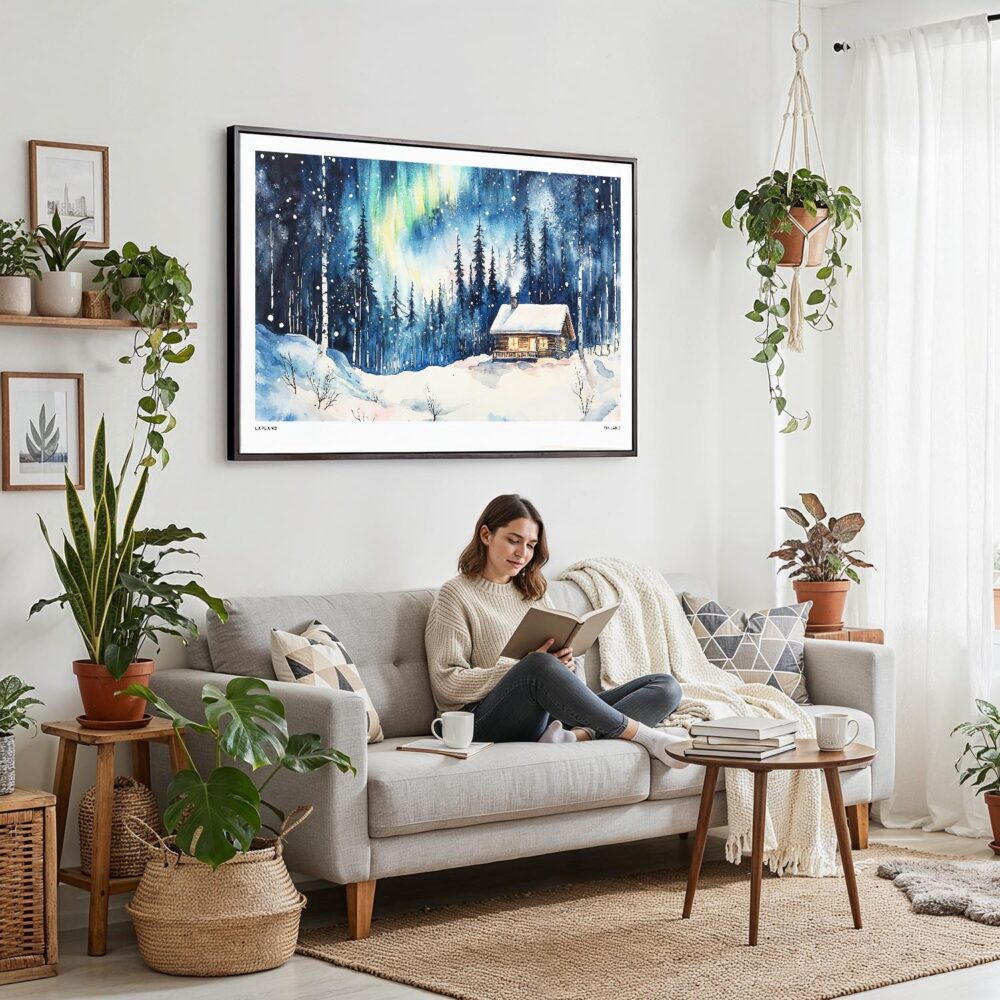05 - Framed Finland Lapland Aurora Watercolor - Horizontal Canvas Print - Boho Living Room with Woman reading.jpg 05 - Framed Finland Lapland Aurora Watercolor - Horizontal Canvas Print - Boho Living Room with Woman reading.jpg