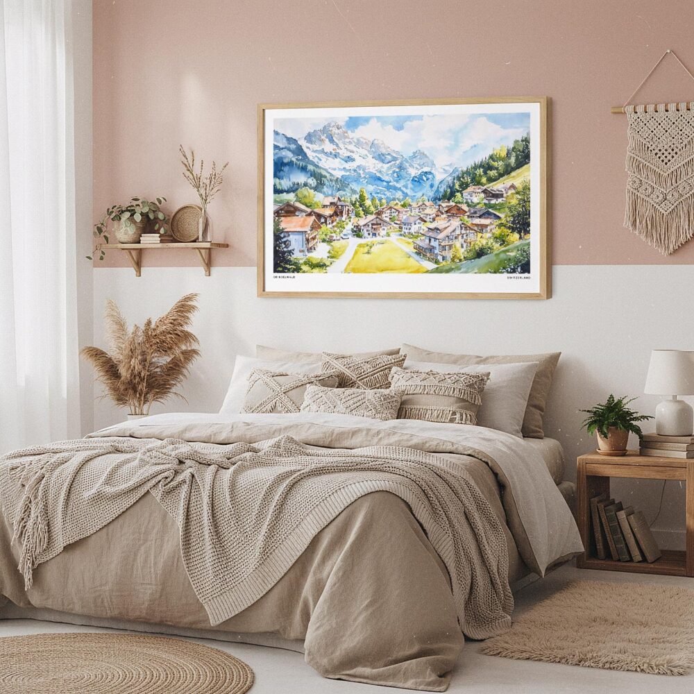 05 - Framed Grindelwald Watercolor - Horizontal Art Print in Boho Bedroom.jpg 05 - Framed Grindelwald Watercolor - Horizontal Art Print in Boho Bedroom.jpg
