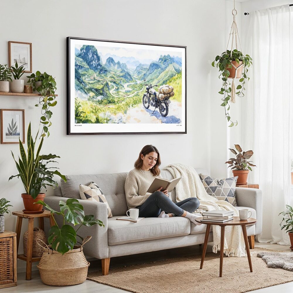 05 - Framed Ha Giang Loop Watercolor - Horizontal Canvas Print - Boho Living Room with Woman reading.jpg 05 - Framed Ha Giang Loop Watercolor - Horizontal Canvas Print - Boho Living Room with Woman reading.jpg