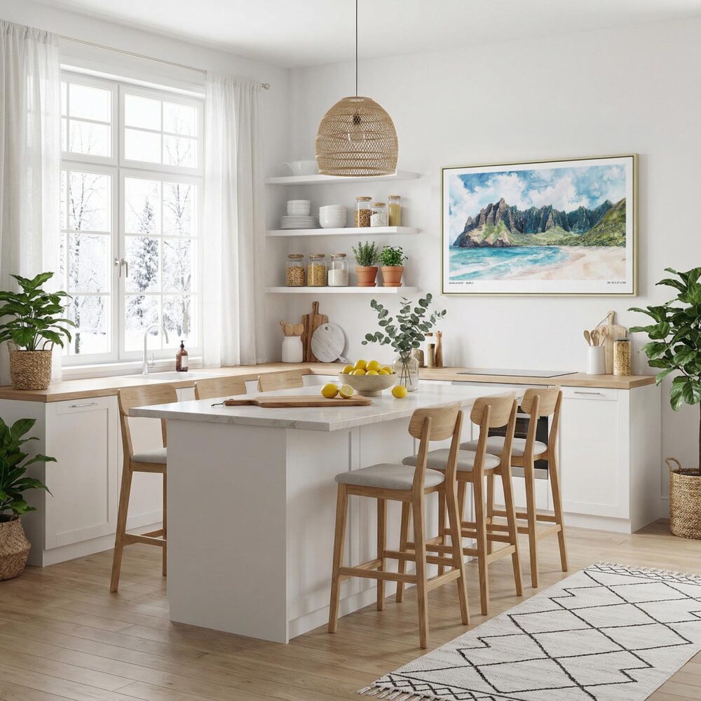 05 - Framed Haiwaii Na Pali Coast Watercolor - Horizontal Canvas Print in Modern Kitchen.jpg 05 - Framed Haiwaii Na Pali Coast Watercolor - Horizontal Canvas Print in Modern Kitchen.jpg