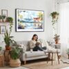 05 - Framed Hakone Japan Watercolor - Horizontal Canvas Print - Boho Living Room with Woman reading.jpg