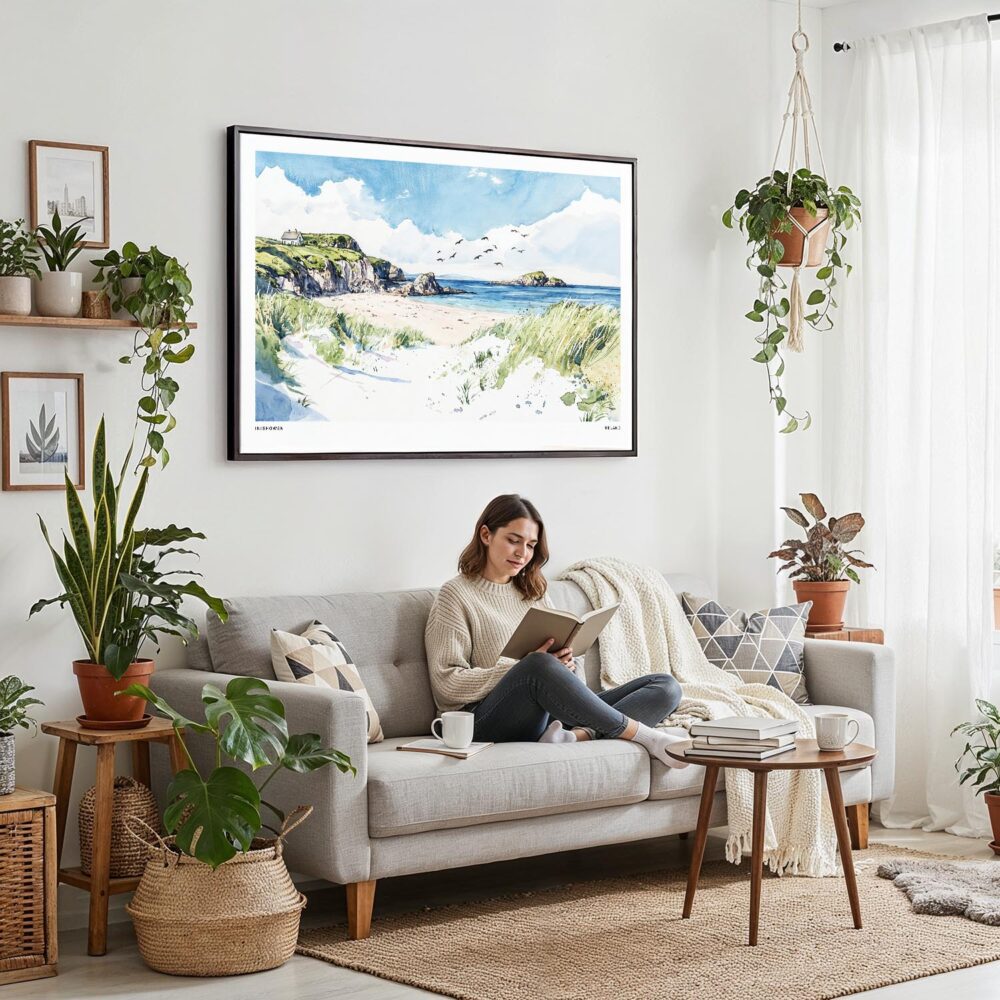 05 - Framed Inishowen Ireland Watercolor - Horizontal Canvas Print - Boho Living Room with Woman reading.jpg 05 - Framed Inishowen Ireland Watercolor - Horizontal Canvas Print - Boho Living Room with Woman reading.jpg