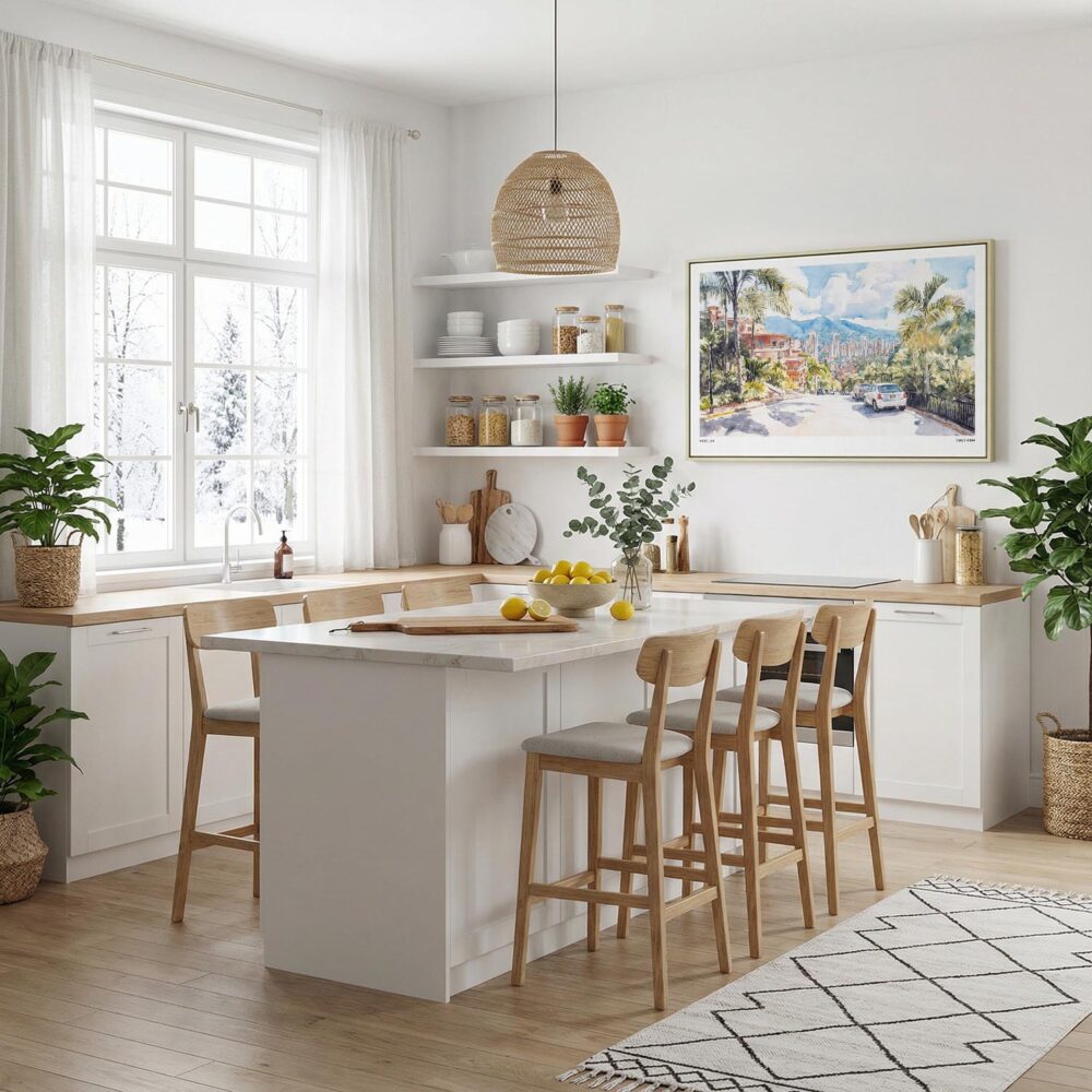 05 - Framed Medellin Watercolor - Horizontal Canvas Print in Modern Kitchen.jpg 05 - Framed Medellin Watercolor - Horizontal Canvas Print in Modern Kitchen.jpg