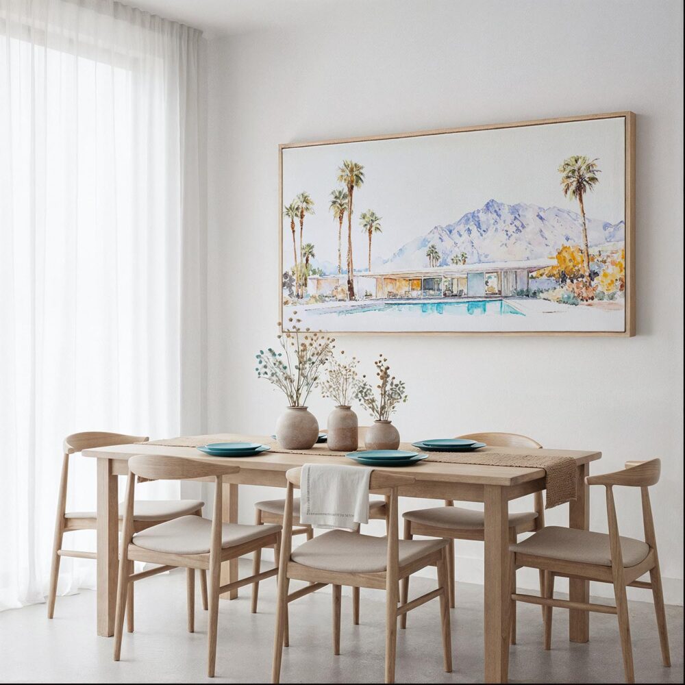 05 - Framed Minimal Palm Springs Watercolor - Panorama Canvas Print - Dining Table.jpg 05 - Framed Minimal Palm Springs Watercolor - Panorama Canvas Print - Dining Table.jpg